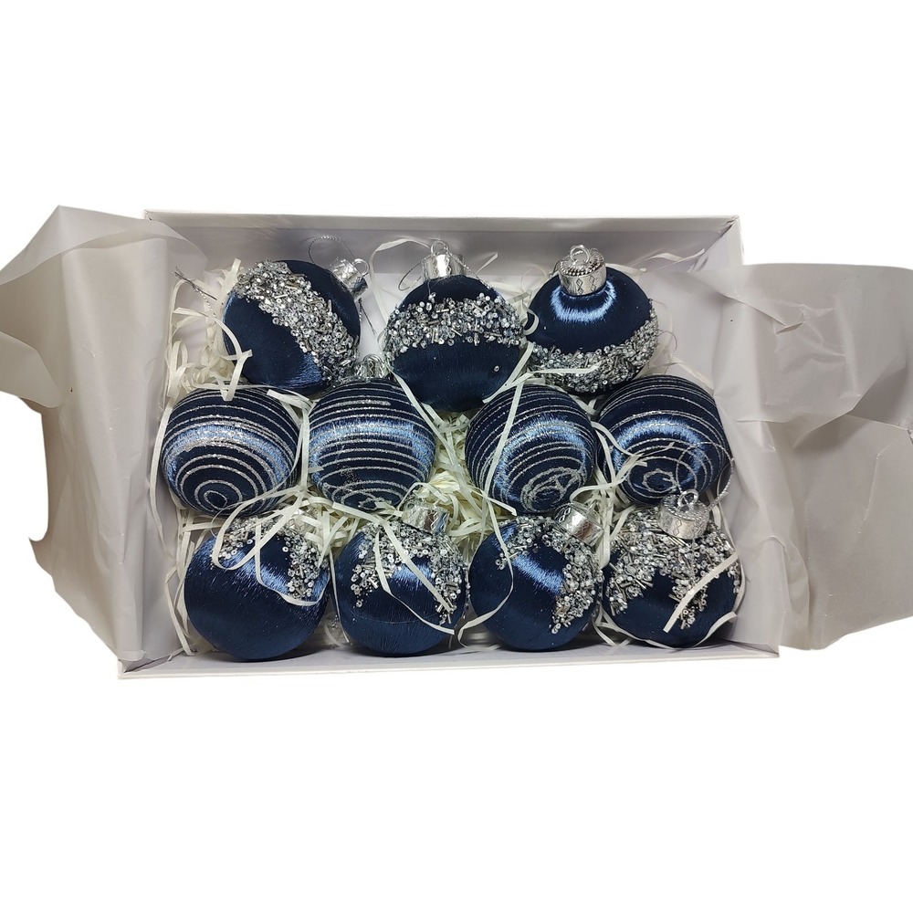 Heejoonay Designer Christmas‎ Ornaments Silk Blue Glitter Balls Set of Eleven